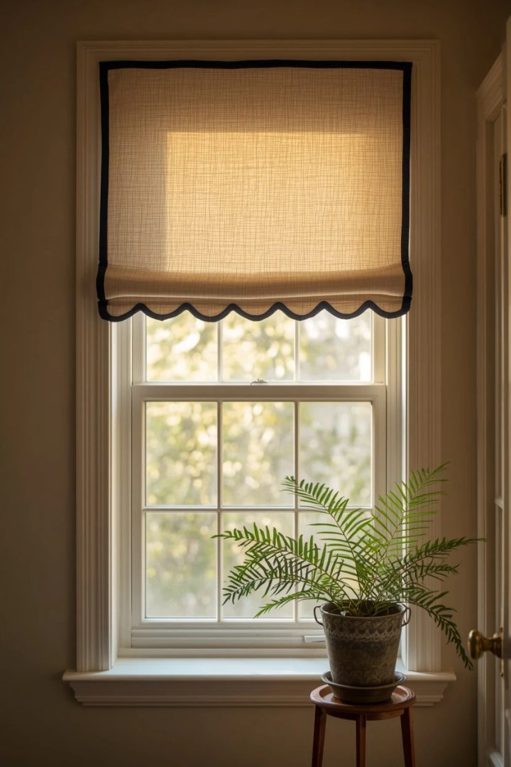 10. Scalloped Valance With Contrast Trim for Living Room Window Ideas