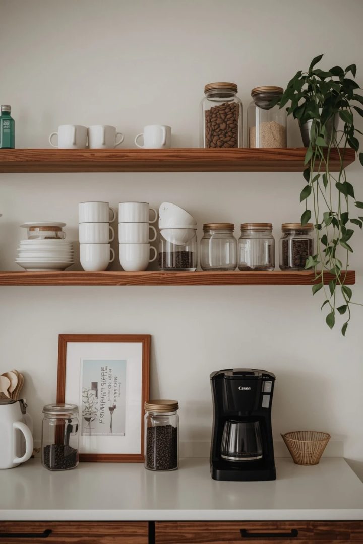 3. Floating Shelves for Mugs and Beans