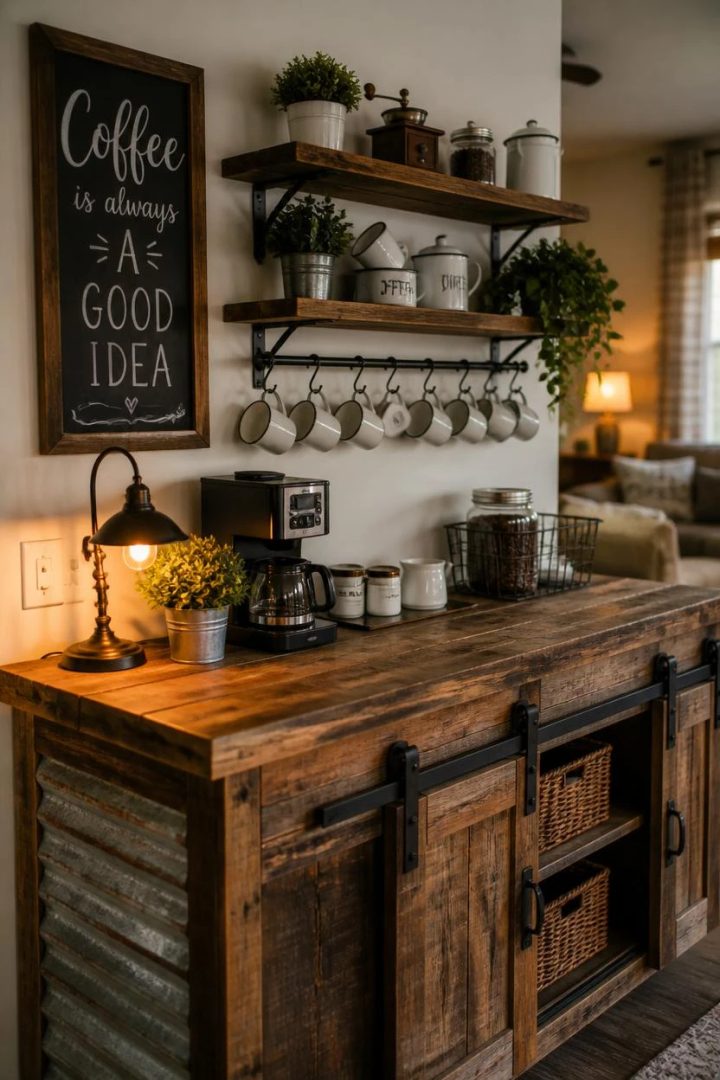 9. A Rustic Farmhouse Coffee Bar