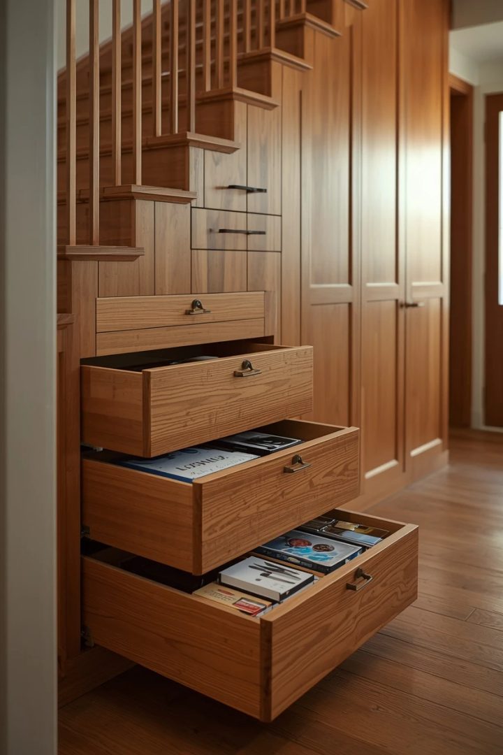 1. Pull-Out Drawers Built into the Staircase