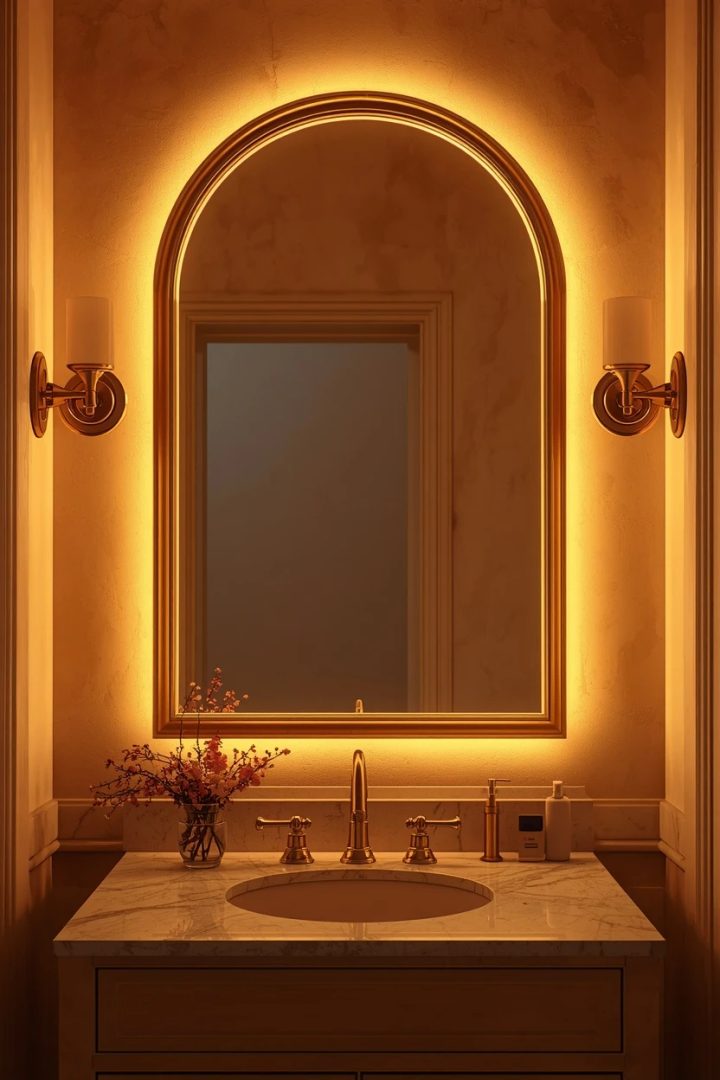 8. A Brass or Gold-Framed Bathroom Mirror