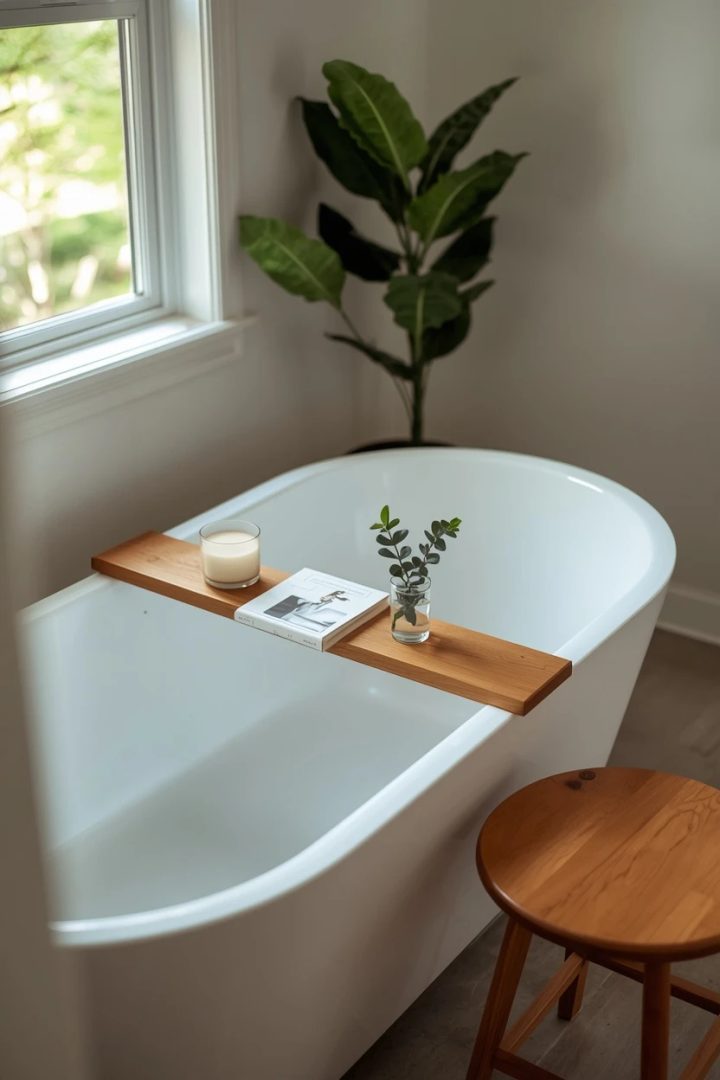 12. Add a Wooden Bath Caddy or Stool