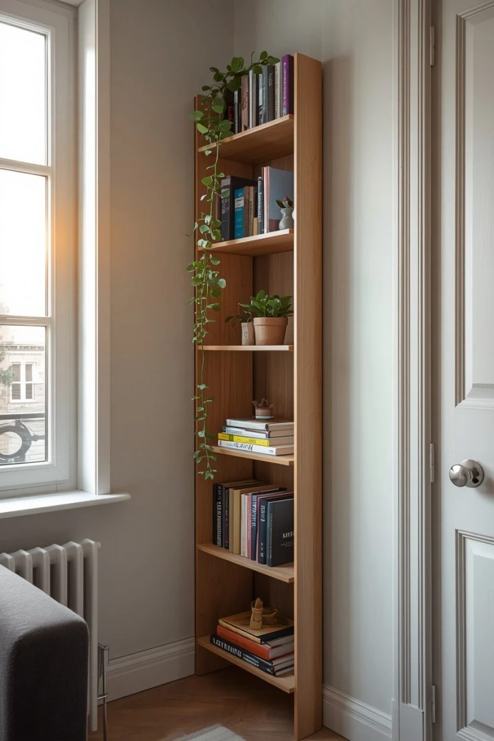 6. Vertical Bookshelf Gallery Replacing Wide Storage