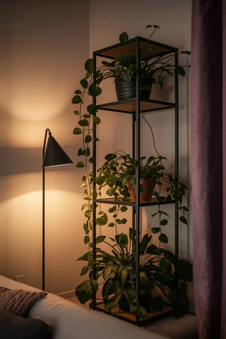12. Tall Narrow Plant Shelf Anchoring a Dead Corner