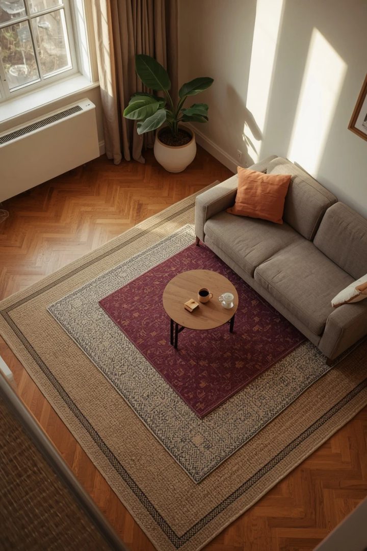 14. Layered Rug Strategy on a Bare Apartment Floor