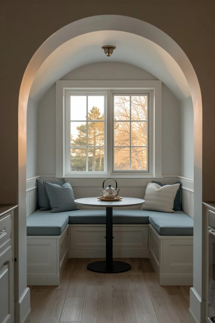 12. Horseshoe Layout with a Built-In Banquette Nook