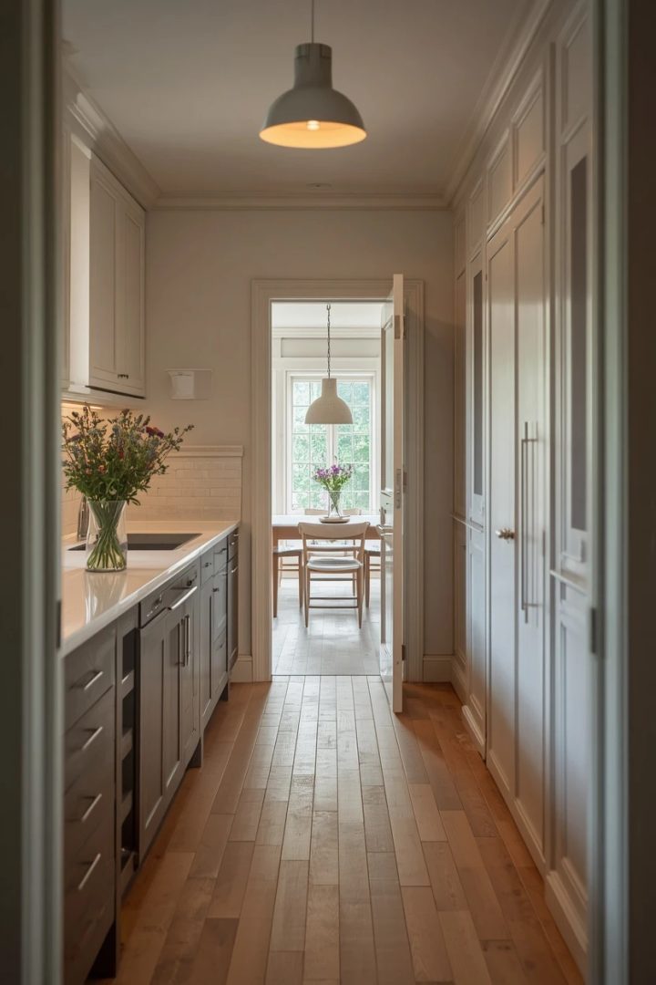 15. Corridor Kitchen with Pocket Doors at Both Ends
