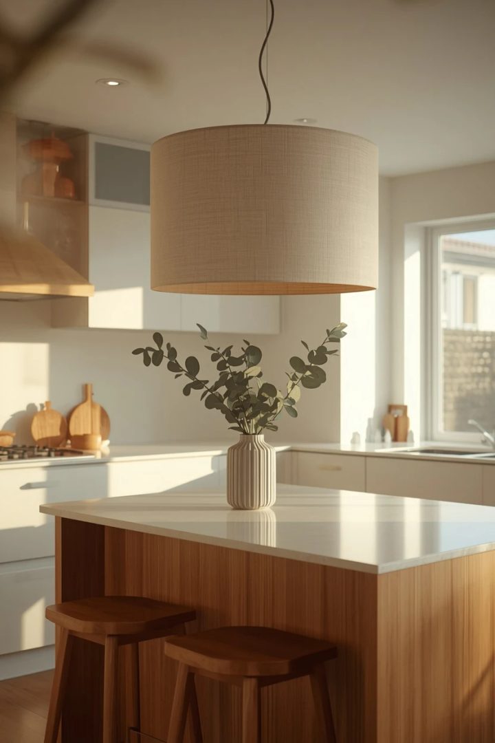 1. Oversized Drum Pendant Anchoring the Island