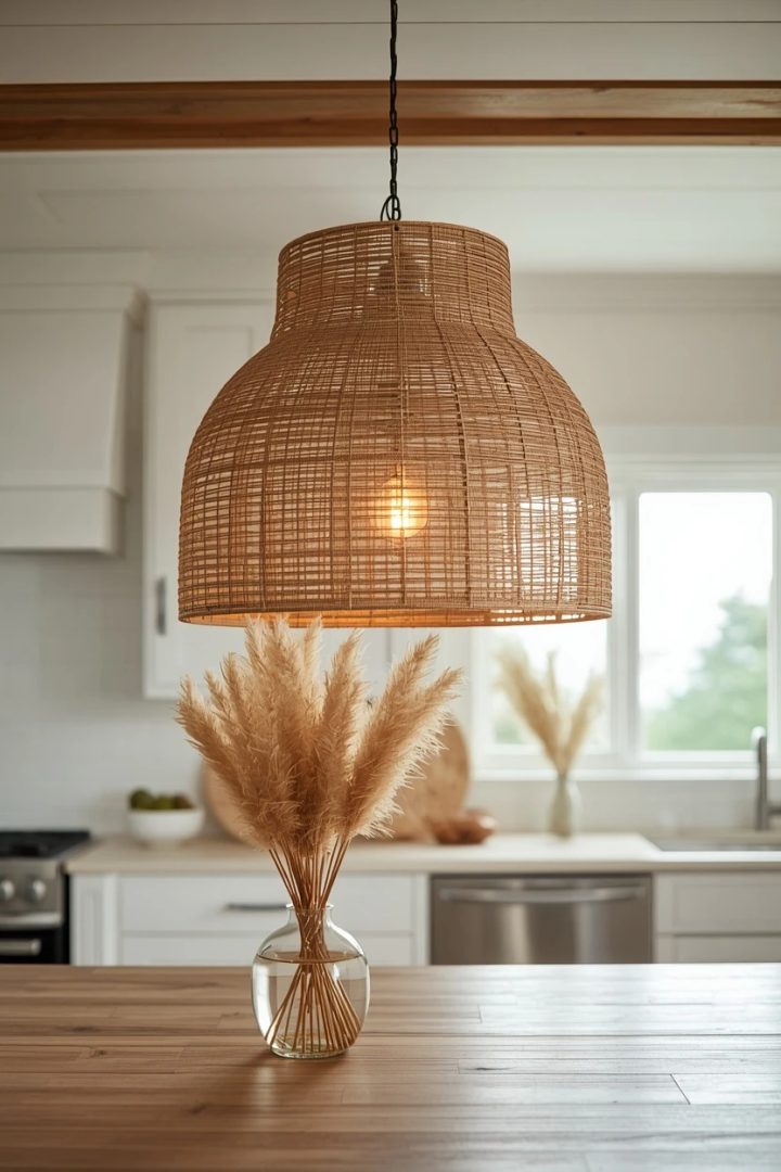 6. Woven Rattan Pendant for a Coastal Kitchen Mood