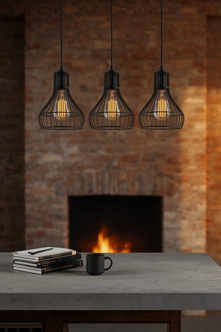 7. Industrial Cage Pendants with Vintage Bulbs
