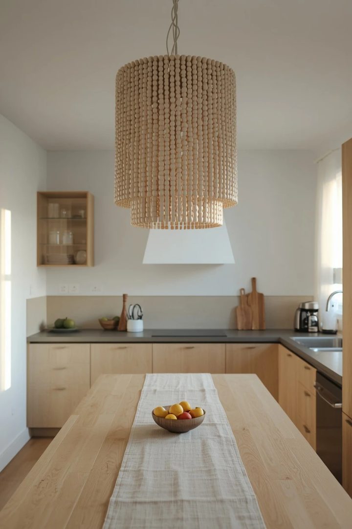 11. Sculptural Wood Bead Chandelier for Kitchen Warmth