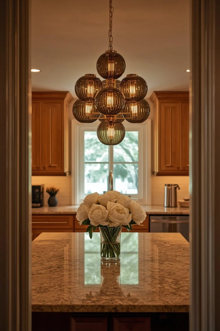15. Art Deco Globe Chandelier in Smoked Glass