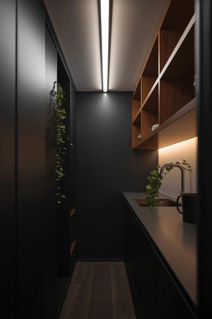 16. Minimalist Linear LED Fixture Over a Galley Kitchen