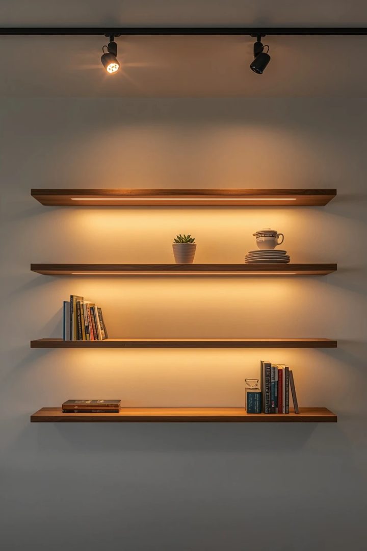 11. Track-Mounted Spotlights Aimed at Open Shelving