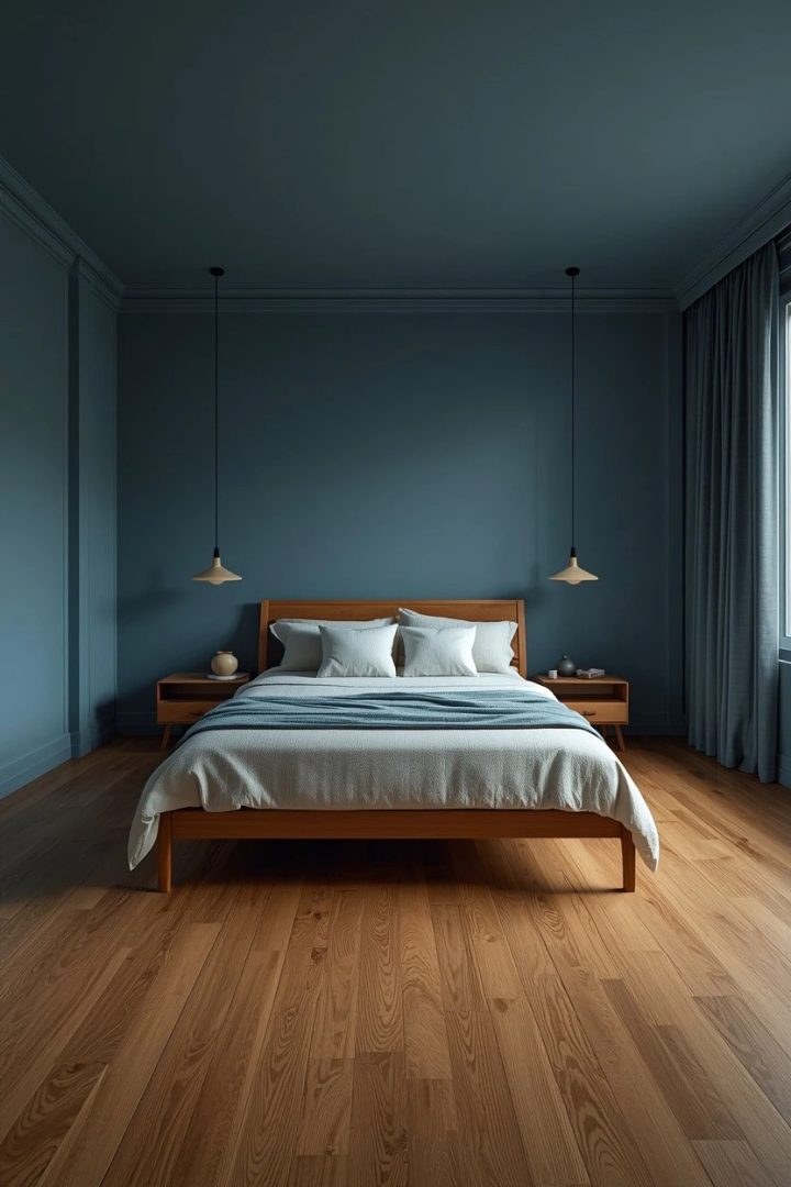 16. A Blue and Natural Wood Bedroom