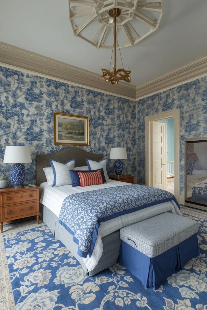 18. A Blue and White Pattern Bedroom