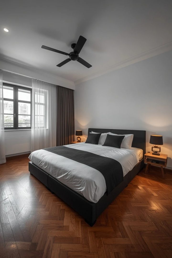 15. A Black and White Bedroom with Warm Wood