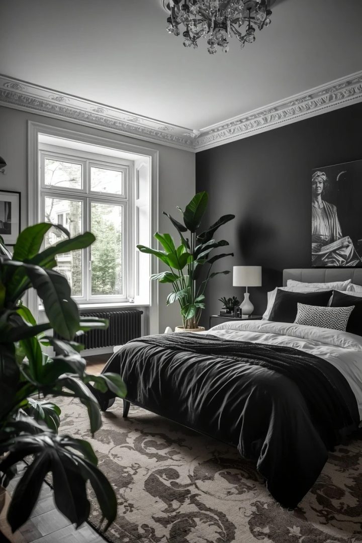 13. A Monochrome Bedroom with Greenery