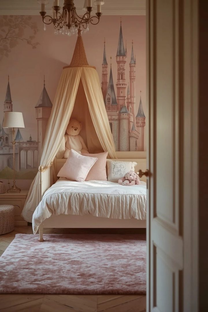 1. Hand-Painted Castle Mural: A Princess Bedroom Art Idea That Anchors the Room