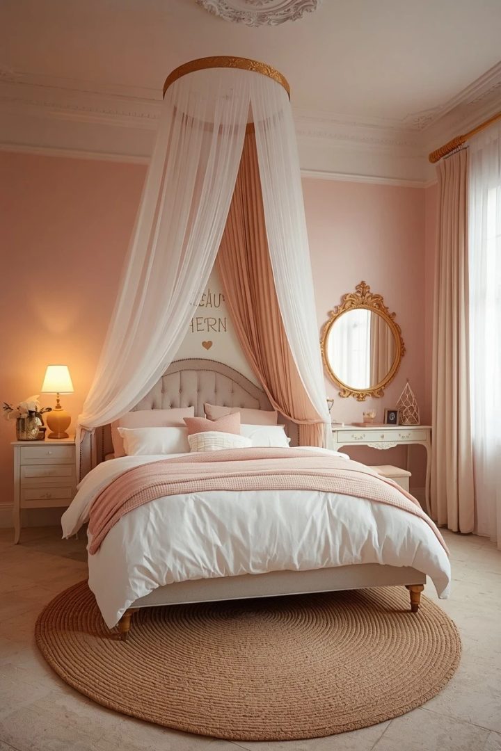 7. A Canopy-and-Halo Princess Bedroom Built Around Soft Wall Art