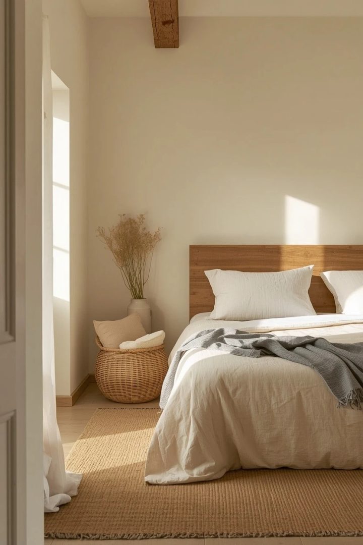 13. Rustic Neutral Room With Exposed Wood and Linen
