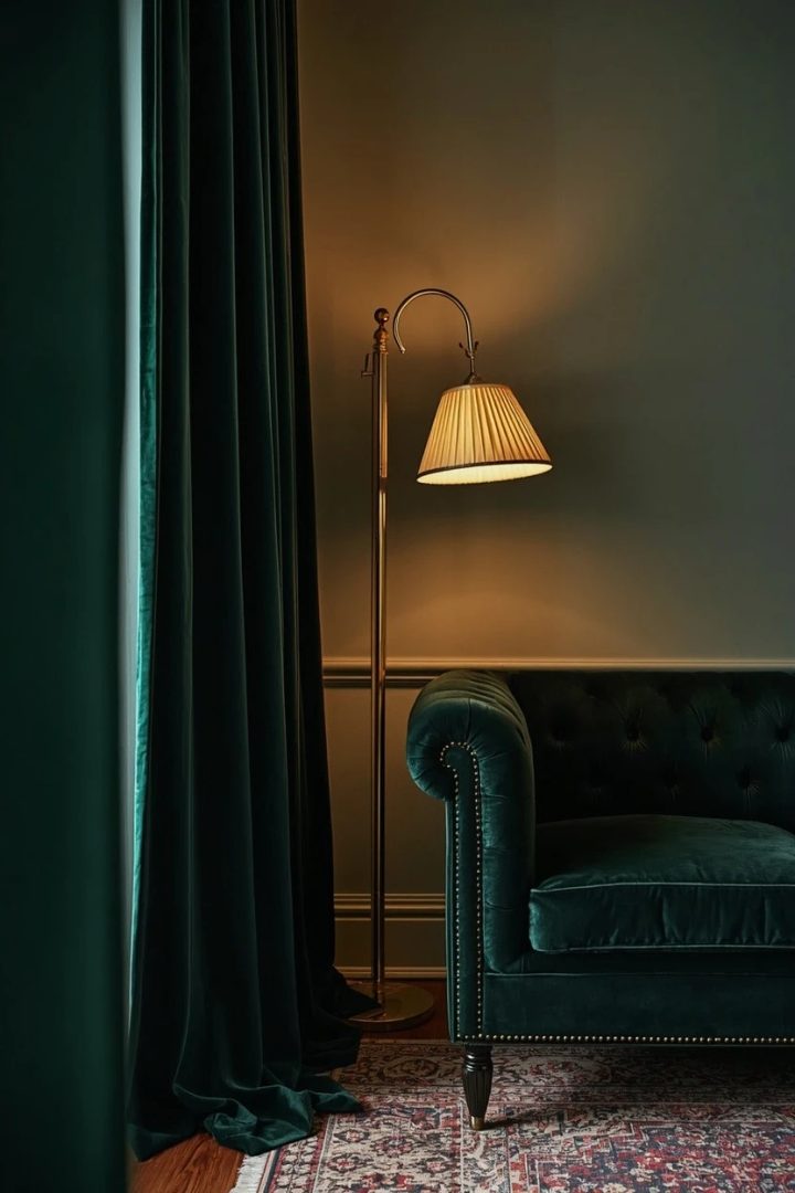 8. Deep Green Velvet Curtains for a Rich Traditional Room