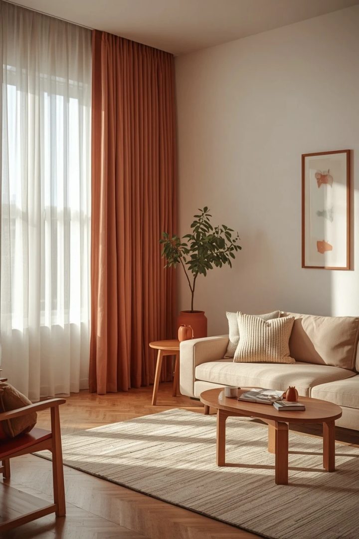 4. Warm Terracotta Curtains as the Room's Main Colour