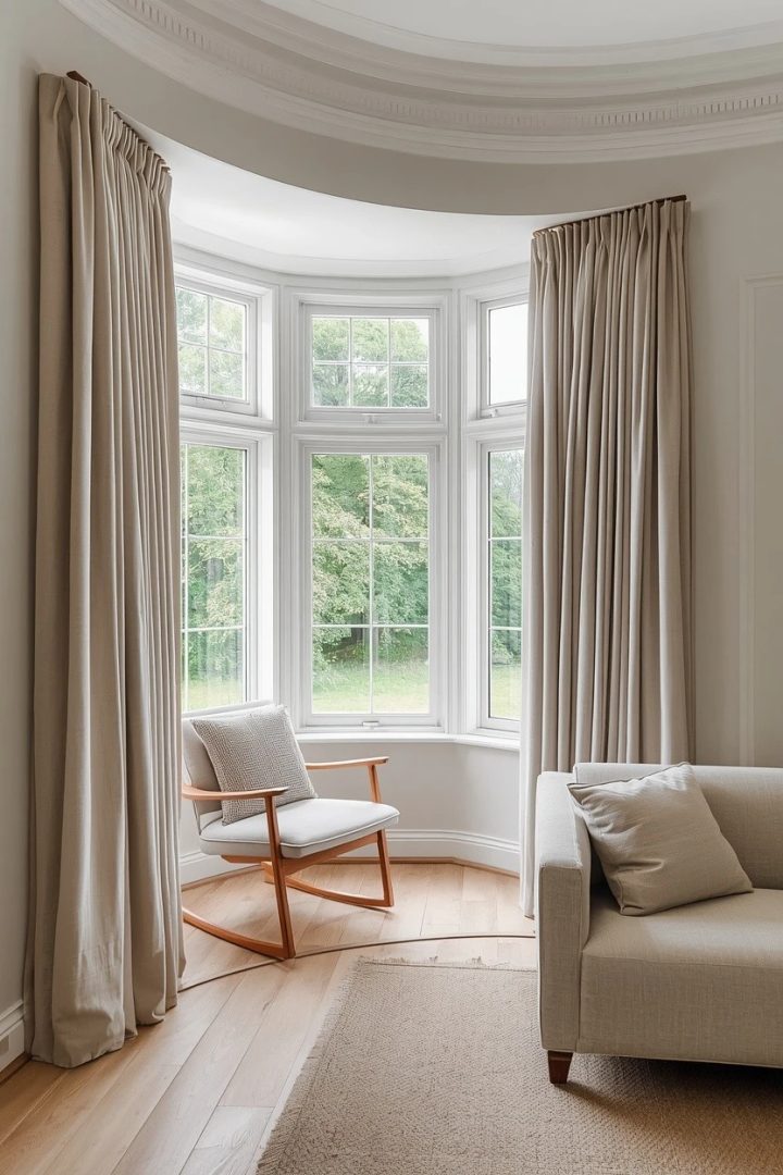9. Layered Living Room Curtains Over a Deep-Set Bay