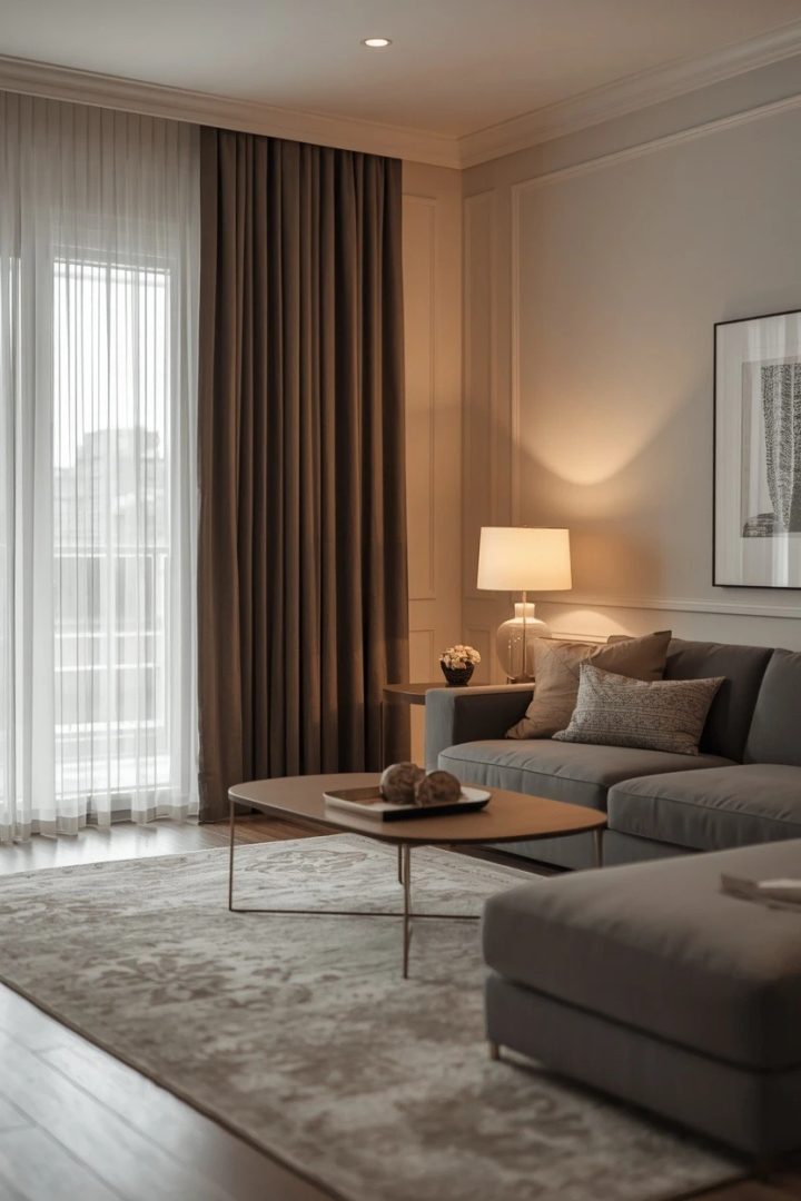 4. Blackout-Lined Drapes and Sheers for a Media-Friendly Room
