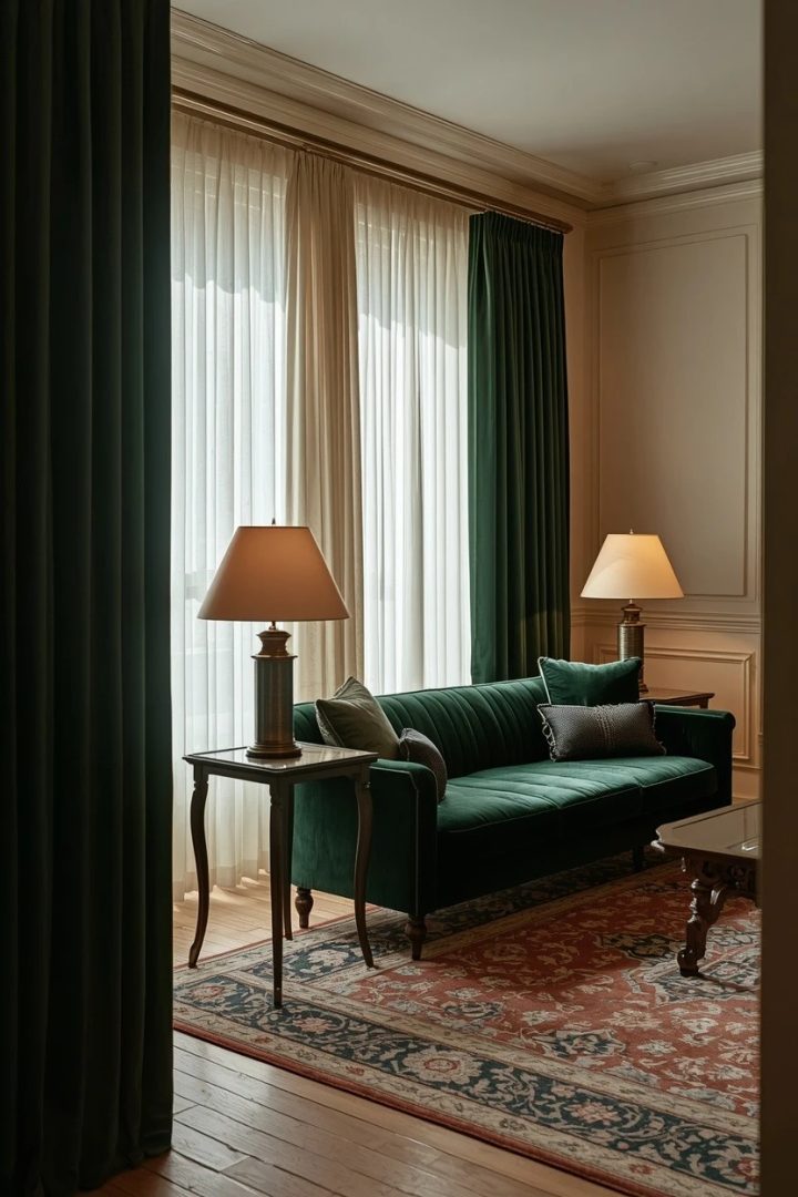 2. Velvet Drapes Over Linen Sheers for a Rich Evening Room