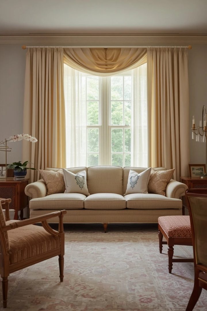 5. A Soft Valance Top Over Layered Sheers and Drapes