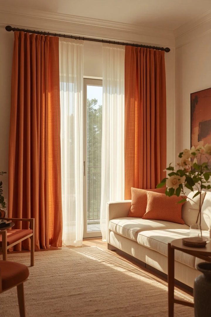 6. Terracotta Drapes Over Cream Sheers for a Warm Layered Room