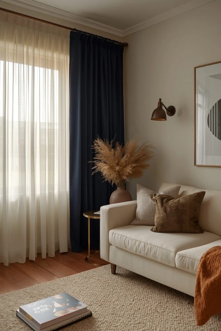 13. Navy Drapes and Cream Sheers for a Smart Nautical-Neutral Room