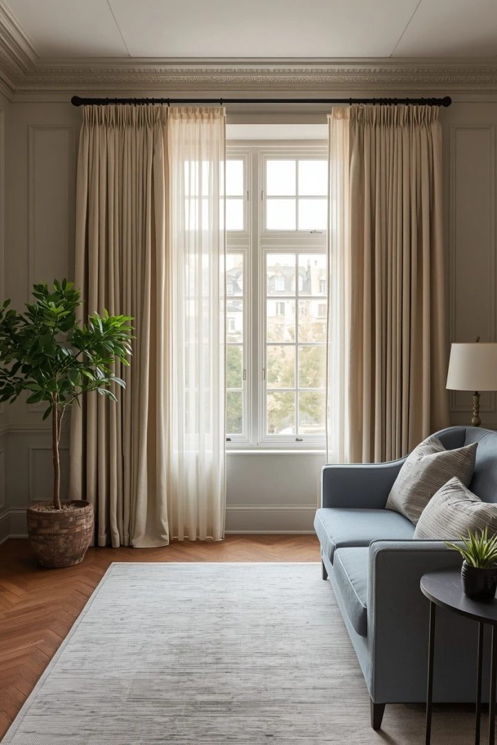 7. Pinch-Pleat Drapes and Sheers for a Tailored Formal Room