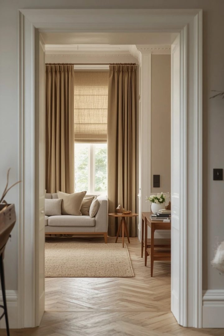 1. Roman Blinds and Panels: Living Room Window Treatment Ideas for Layered Light