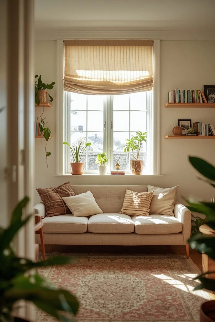 7. Café-Style Living Room Window Treatment for a Bright Characterful Room
