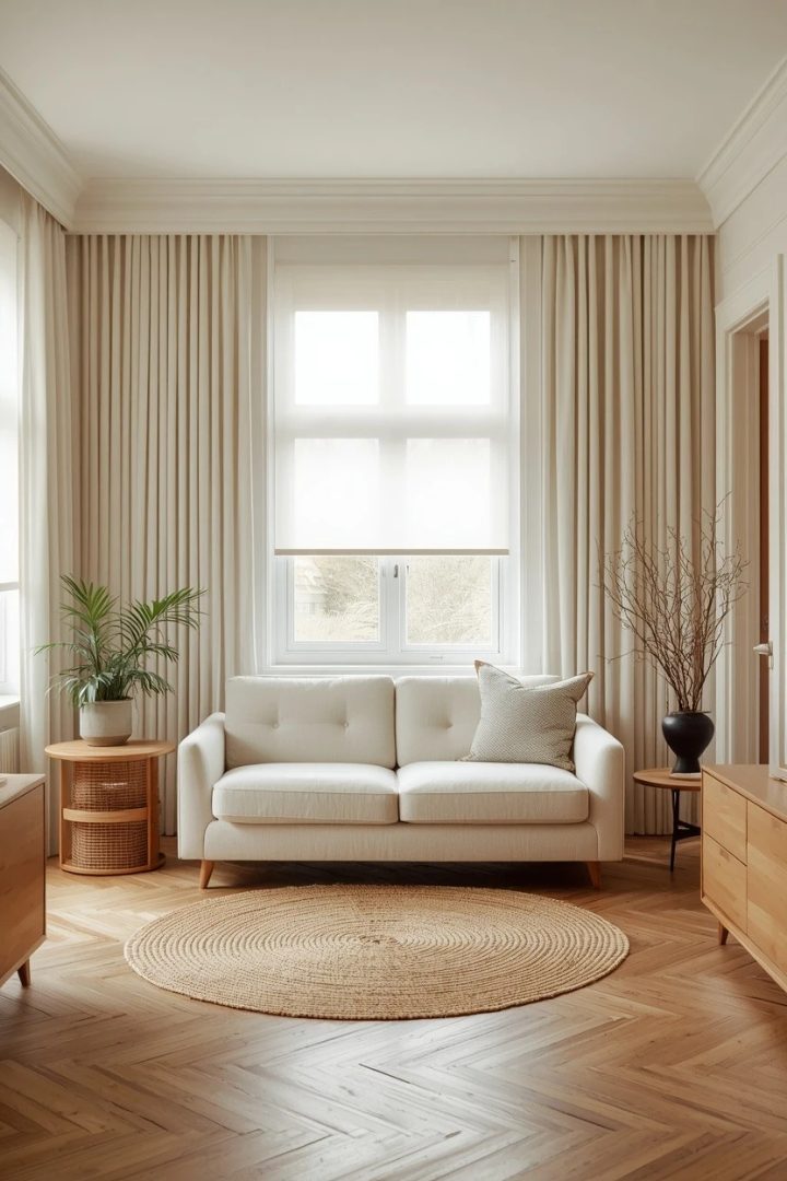 11. Sheer Roller and Curtain Combo for a Soft Bright Room