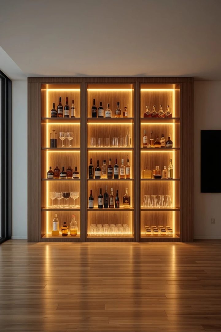 living room bar ideas with a vertical backlit floating-shelf bar wall