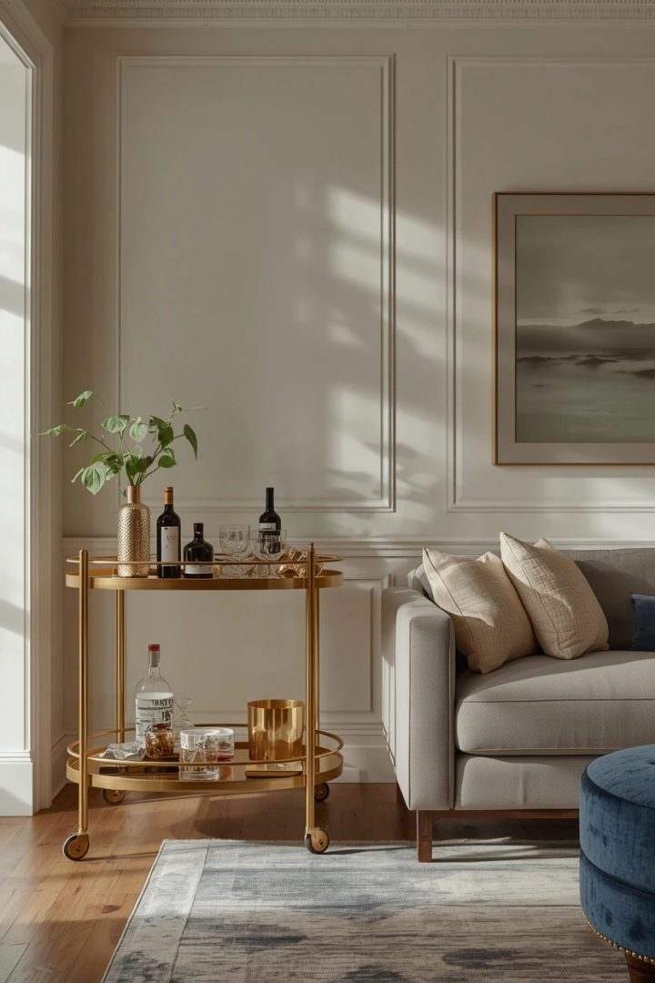 lounge bar decorating ideas featuring a statement brass bar cart on castors