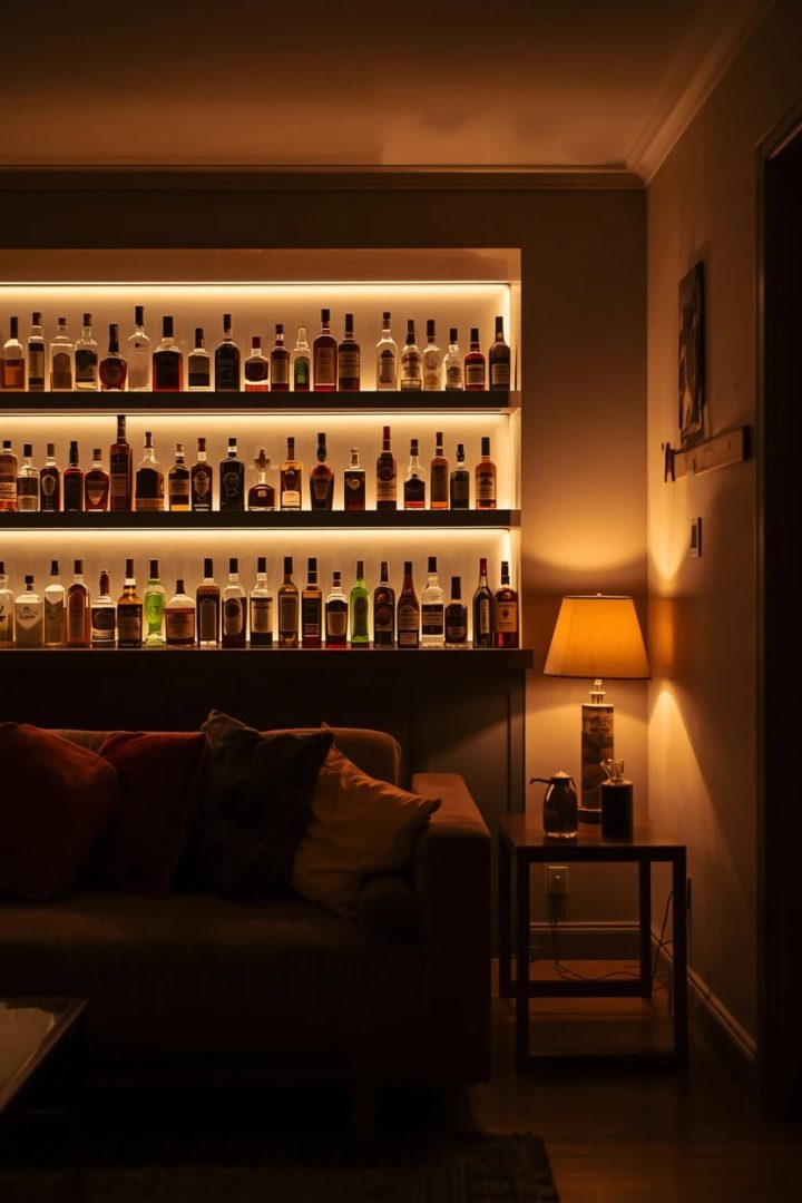 living room bar lit from within with warm 2700K LED strip behind bottles