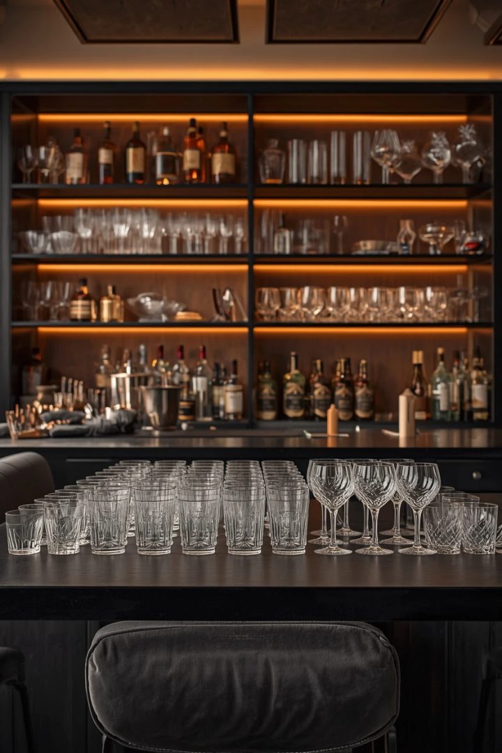living room bar ideas with curated coupe and rocks glassware on display
