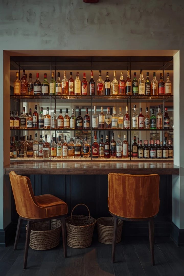 lounge bar decorating ideas showing curated bottles with clutter hidden