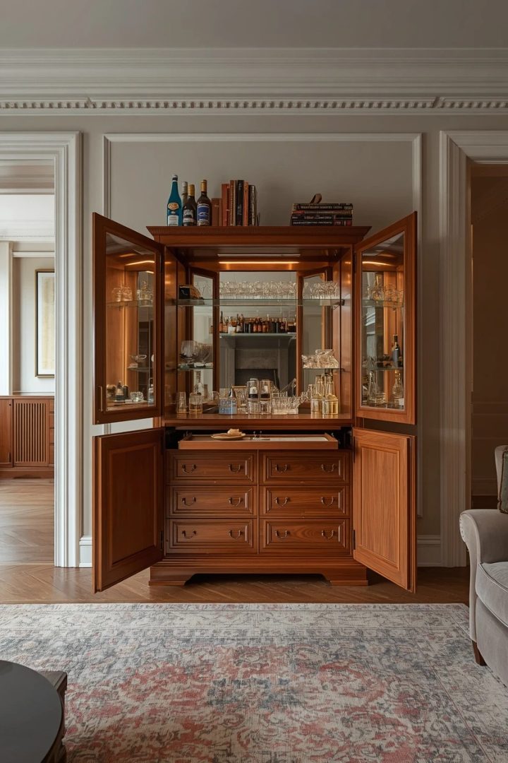 living room bar ideas with a drinks cabinet armoire that closes up