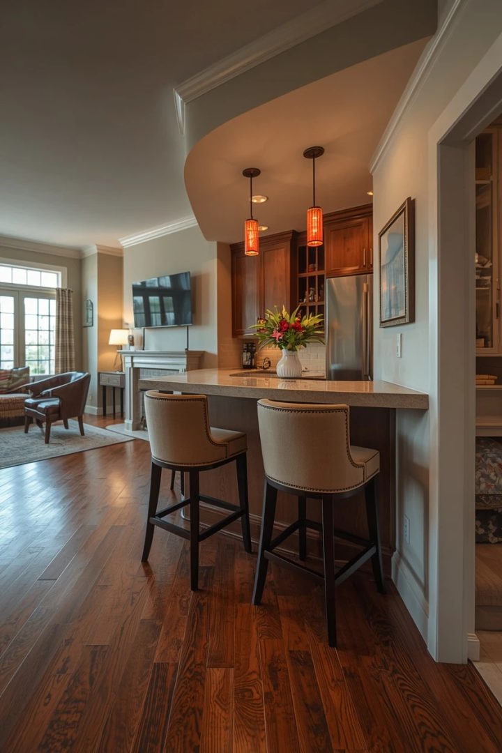living room bar ideas with upholstered bar stools to perch on