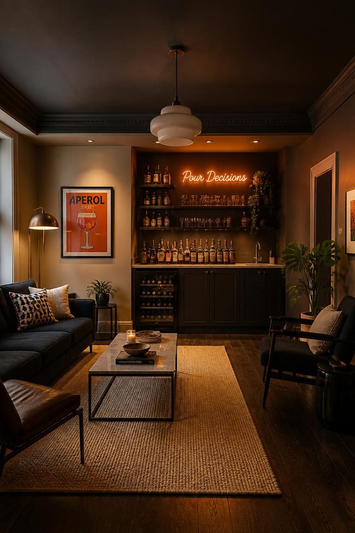 lounge bar decorating ideas with art and a small neon sign above the bar