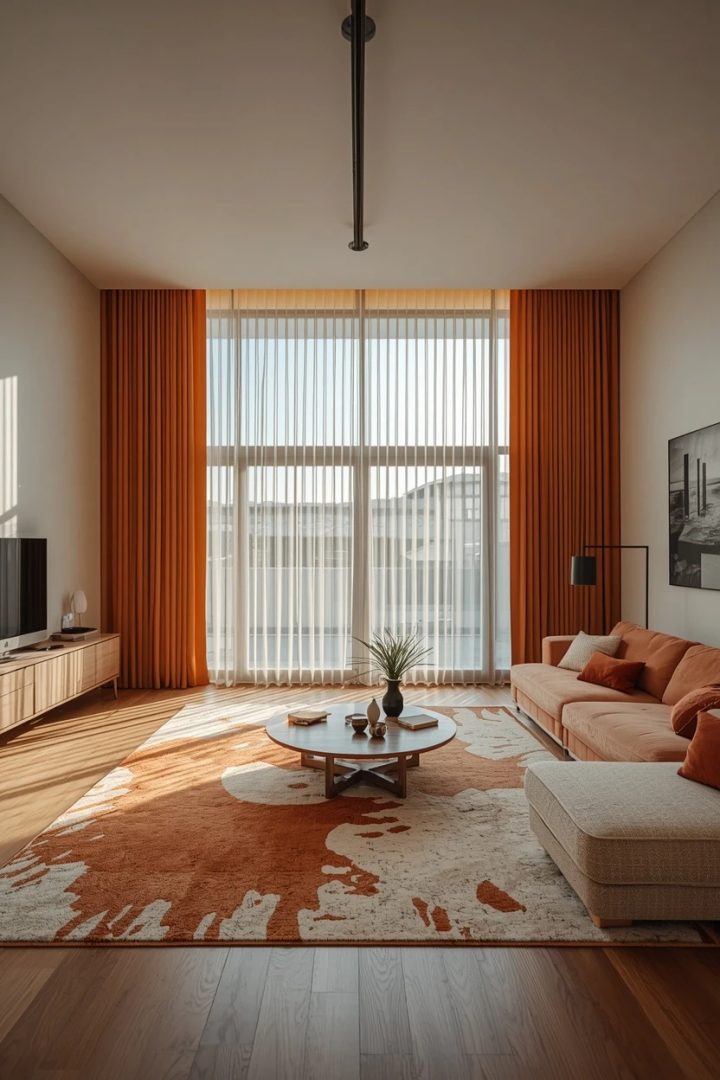 window curtain ideas for living room with a pole hung high and wide above the frame