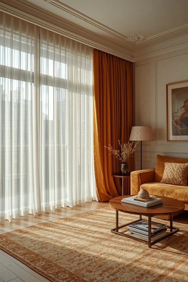 living room curtains in linen and velvet chosen for how they drape