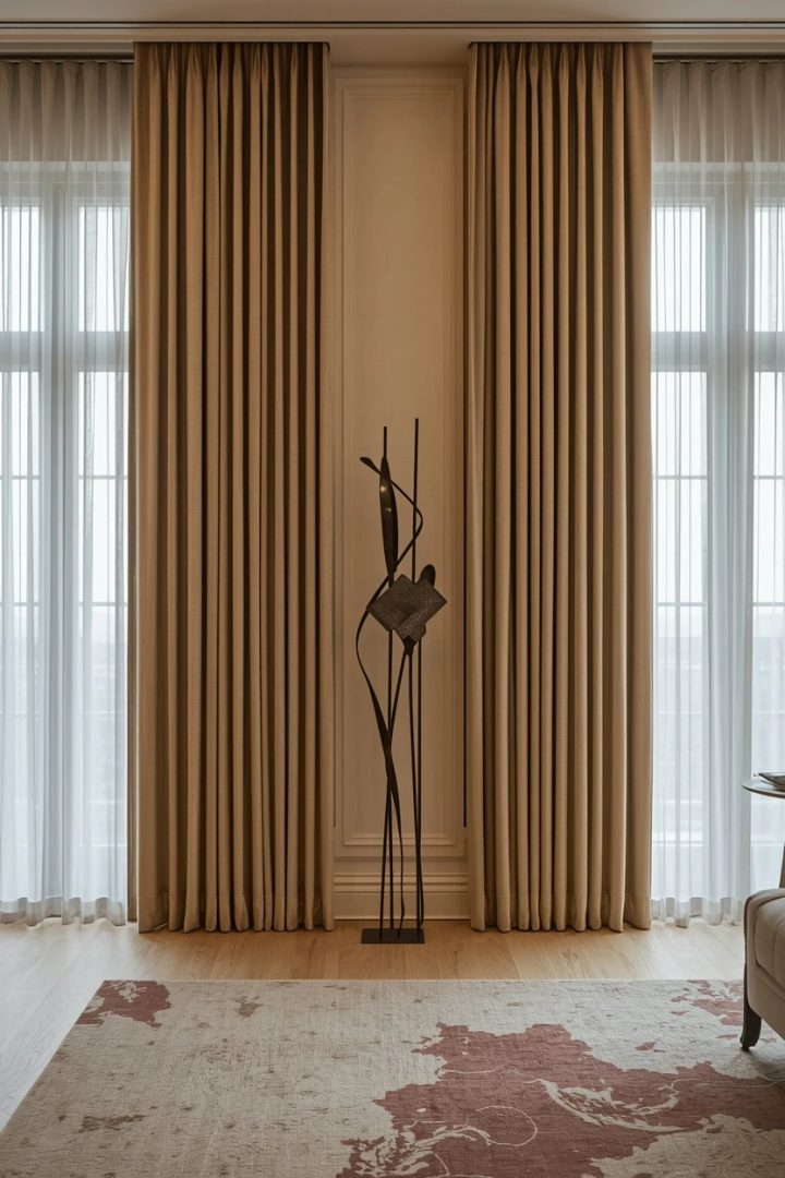 living room curtains dressed into folds with a metal holdback tie-back