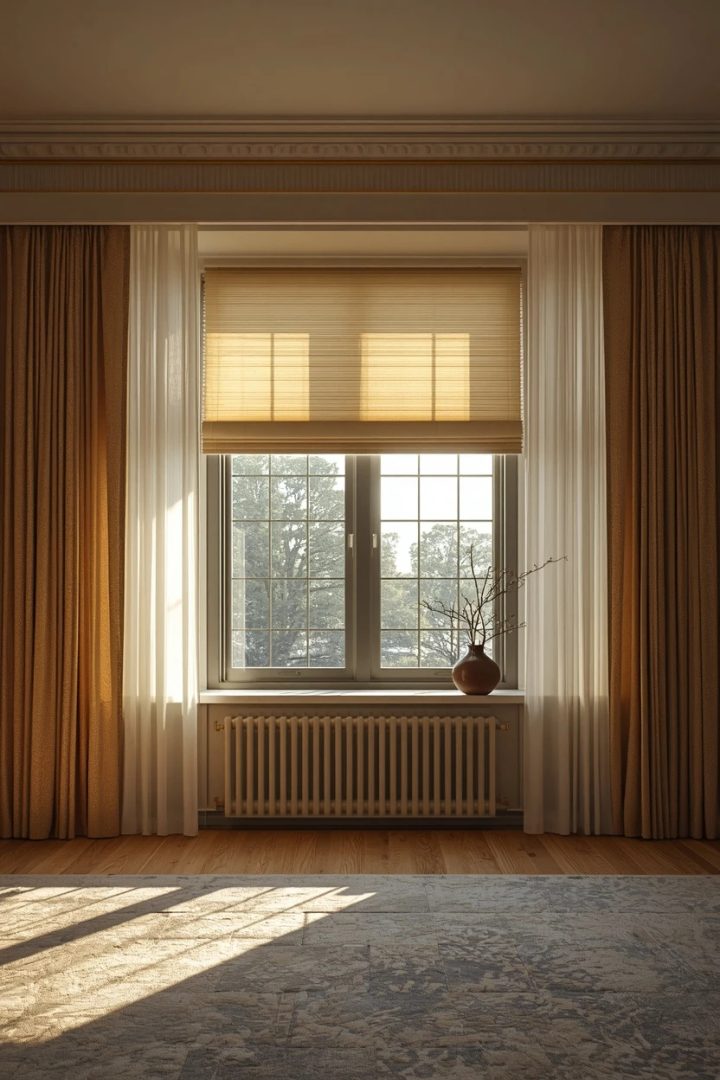 living room window covering ideas matching a blind and drapes to the window's job
