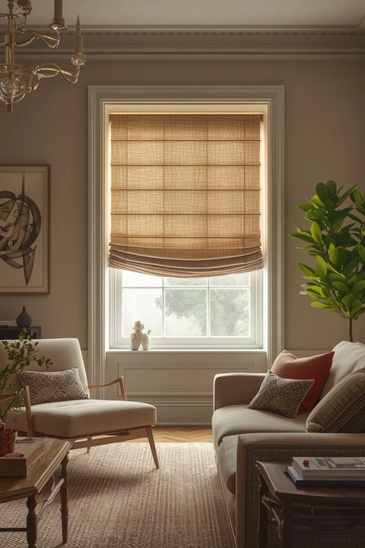 living room window covering ideas with a tailored roman shade
